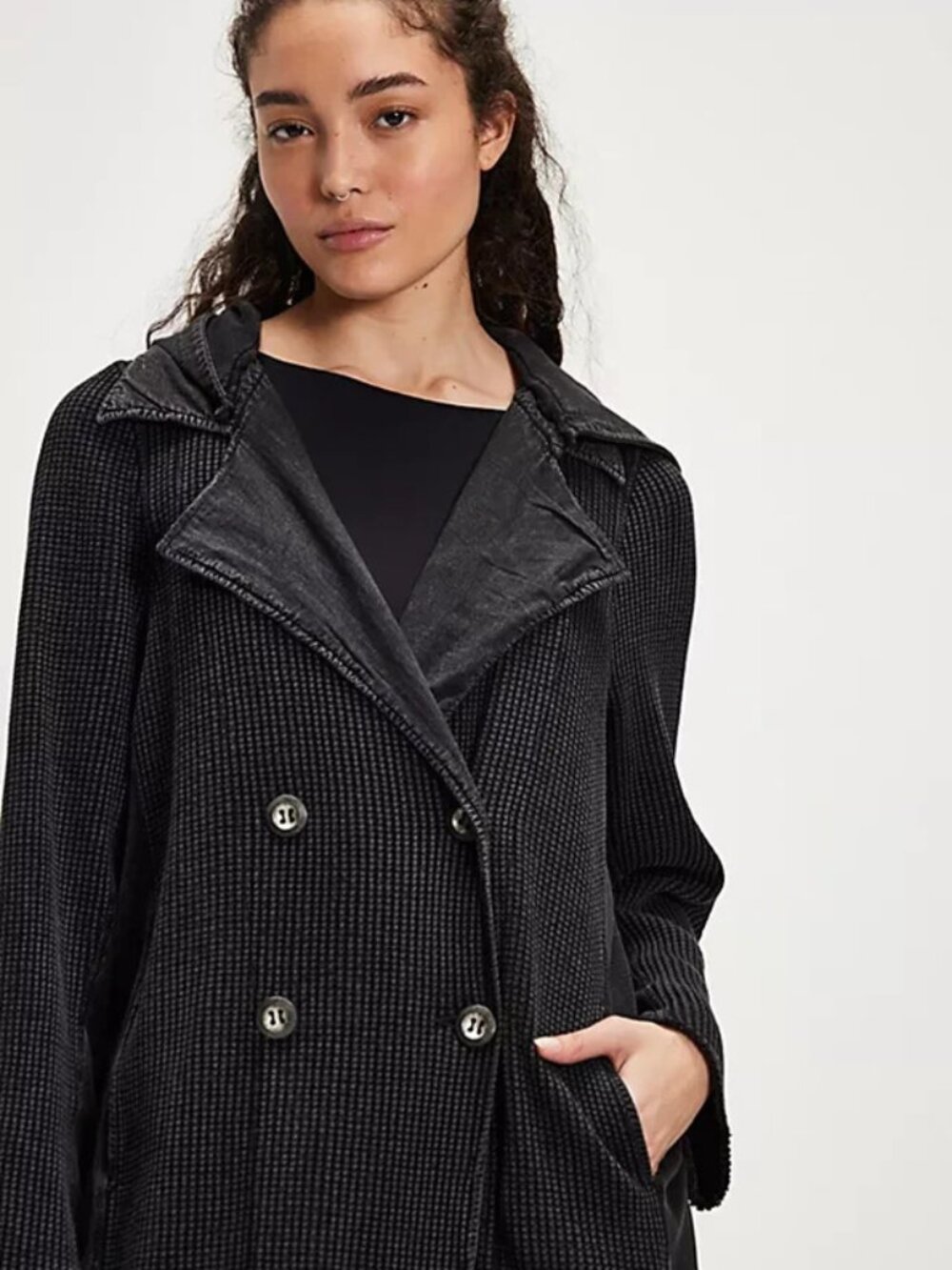 Free People Fp One Landon Jacket Black Collared Neck Waffle Duster S